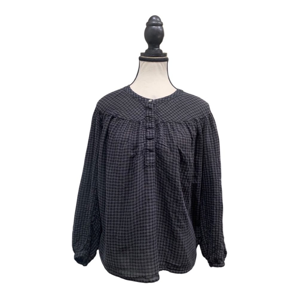 Loft Ann Taylor black and gray gingham henley-style blouse